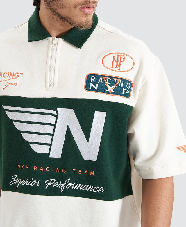model wears Resistance Oversized Polo Tee Natural White T-Shirts White - image 2