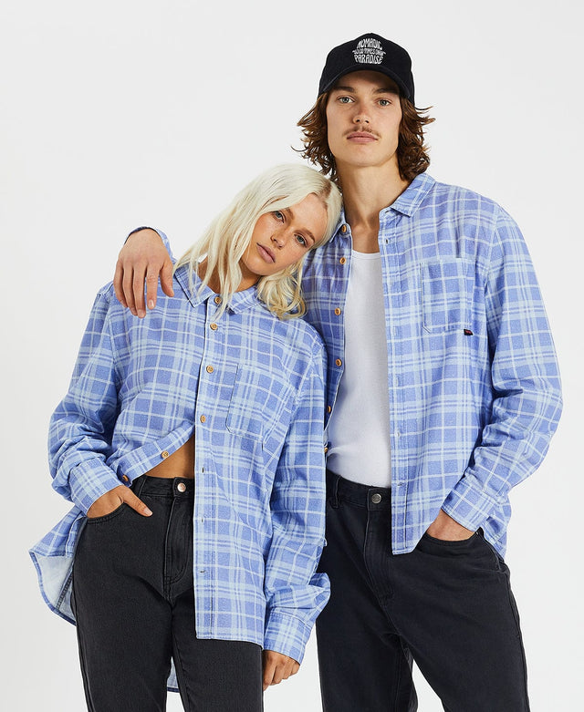 model wears Cannes Casual Shirt Lolite Blue Check Print Long Sleeve Shirts Blue - image 1