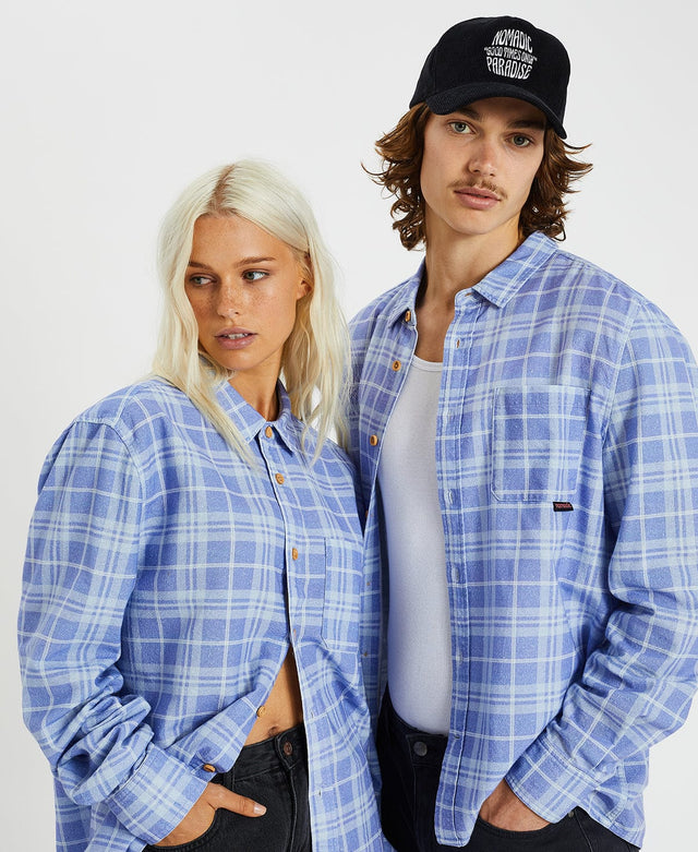 model wears Cannes Casual Shirt Lolite Blue Check Print Long Sleeve Shirts Blue - image 3