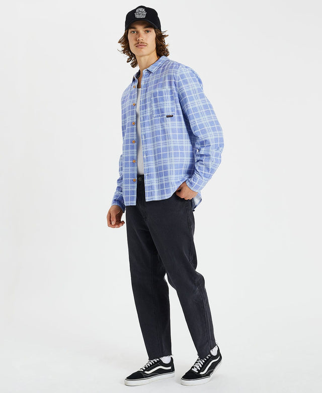 model wears Cannes Casual Shirt Lolite Blue Check Print Long Sleeve Shirts Blue - image 4
