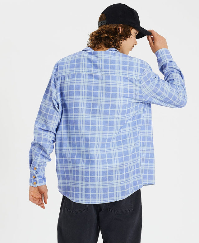 model wears Cannes Casual Shirt Lolite Blue Check Print Long Sleeve Shirts Blue - image 5