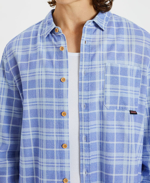 model wears Cannes Casual Shirt Lolite Blue Check Print Long Sleeve Shirts Blue - image 2