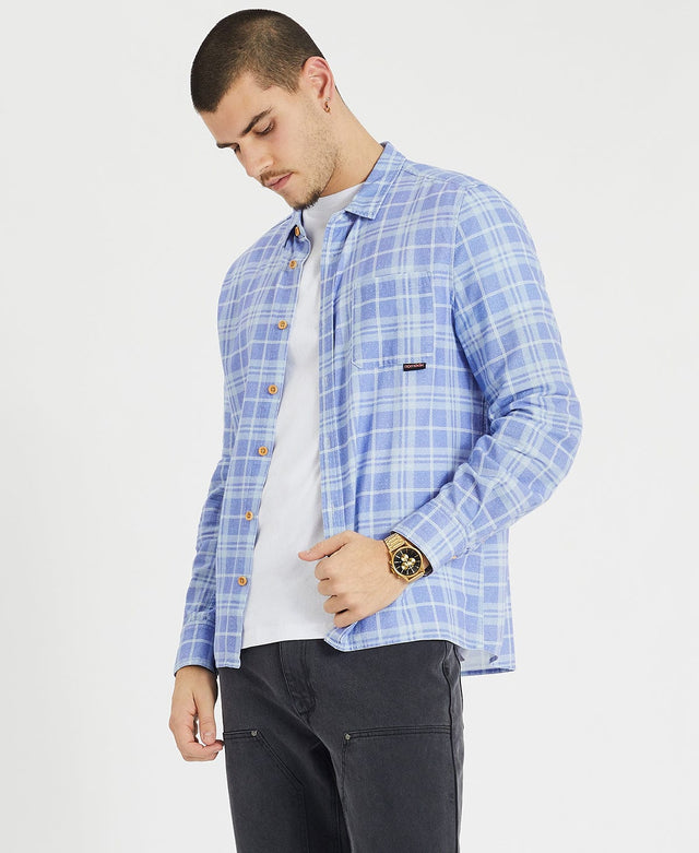 model wears Cannes Casual Shirt Lolite Blue Check Print Long Sleeve Shirts Blue - image 6