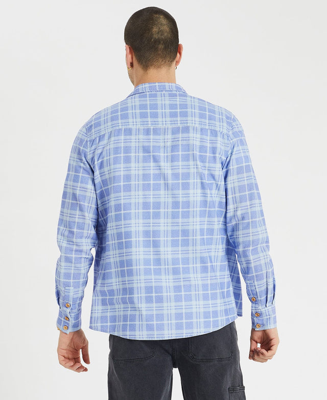model wears Cannes Casual Shirt Lolite Blue Check Print Long Sleeve Shirts Blue - image 7