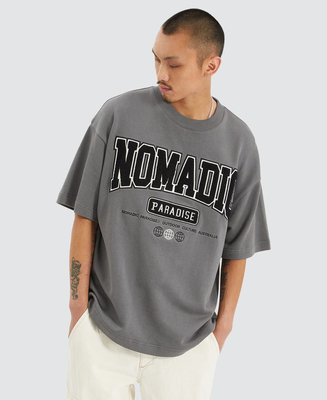 model wears College Heavy Loopback Street Tee Castlerock Grey T-Shirts Grey - image 1