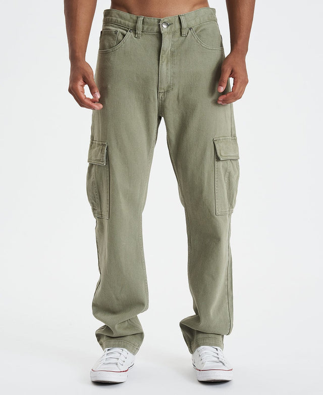 model wears Grayson Cargo Jeans Vintage Khaki Pants Green - image 6