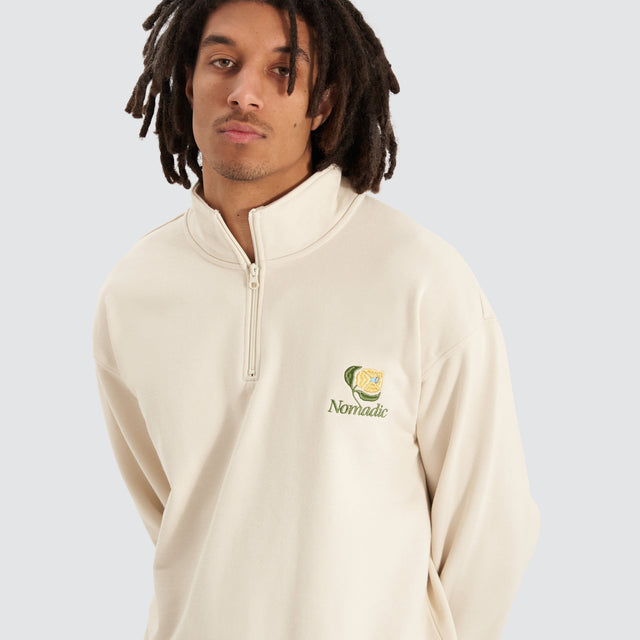 model wears Blossoms Quarter Zip Pullover Sweater Tofu Jumpers Cream - image 2