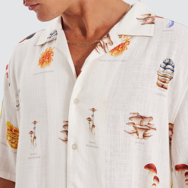 model wears Collector Linen Cropped Resort Mushies Short Sleeve Shirts White - image 2