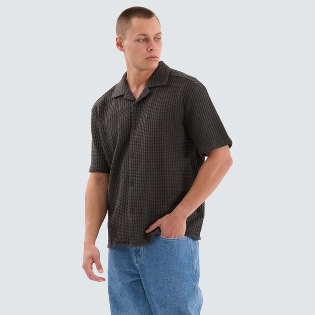 model wears Cozy Knit Waffle Shirt Charcoal Short Sleeve Shirts Grey - image 1