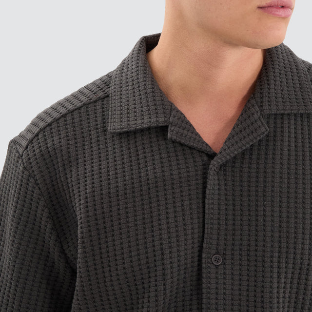 model wears Cozy Knit Waffle Shirt Charcoal Short Sleeve Shirts Grey - image 2