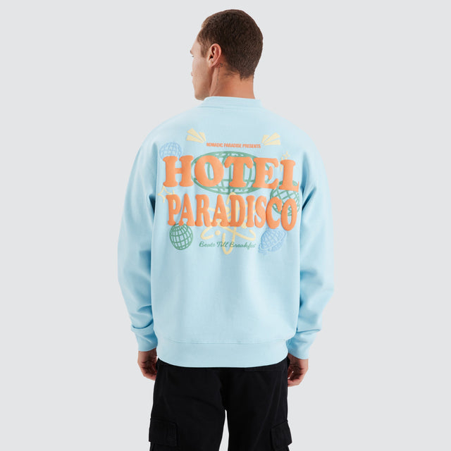 model wears Paradisco Crew Neck Sweater Crystal Blue Jumpers Blue - image 1