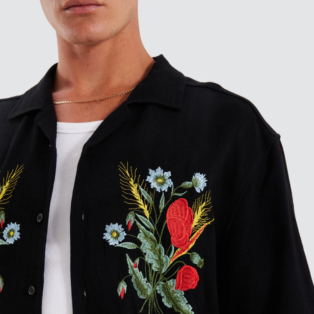 model wears Pedro Cropped Resort Shirt Jet Black Short Sleeve Shirts Black - image 2