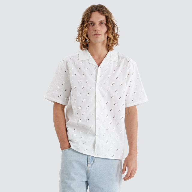 model wears Wobble Resort Crop Shirt Off White Short Sleeve Shirts Neutral - image 1