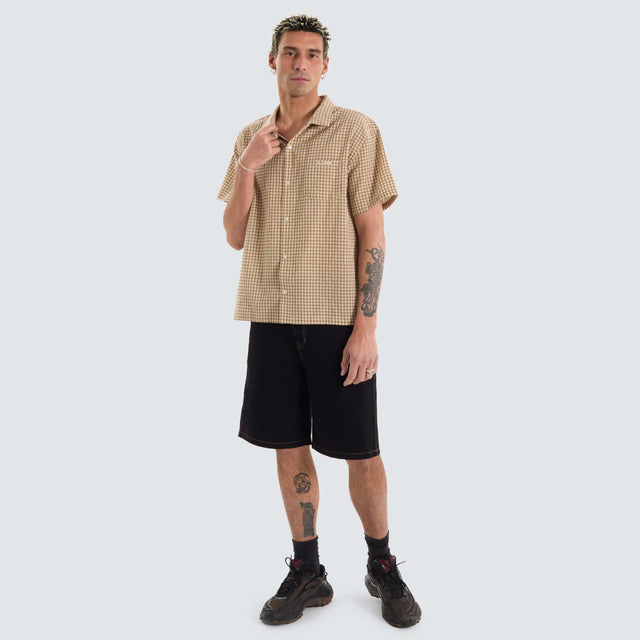 model wears Cab Check Shirt Tan Short Sleeve Shirts Tan - image 2