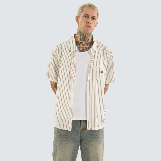 model wears Square Stripe Shirt Coffee Short Sleeve Shirts White - image 1