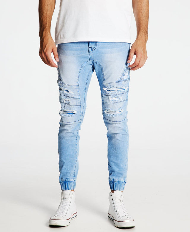 Kiss Chacey’s Hydra - men’s denim jogger pants in Crystal Blue with fit to waist and elastic cuffed ankles