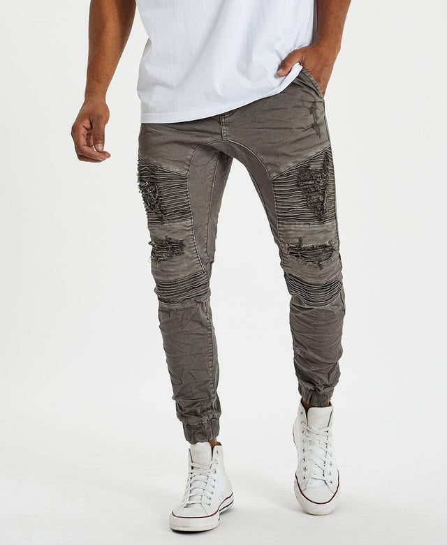 Nena and Pasadena's Comfort Stretch Hell Cat denim pants in volcano grey with distressed detailing