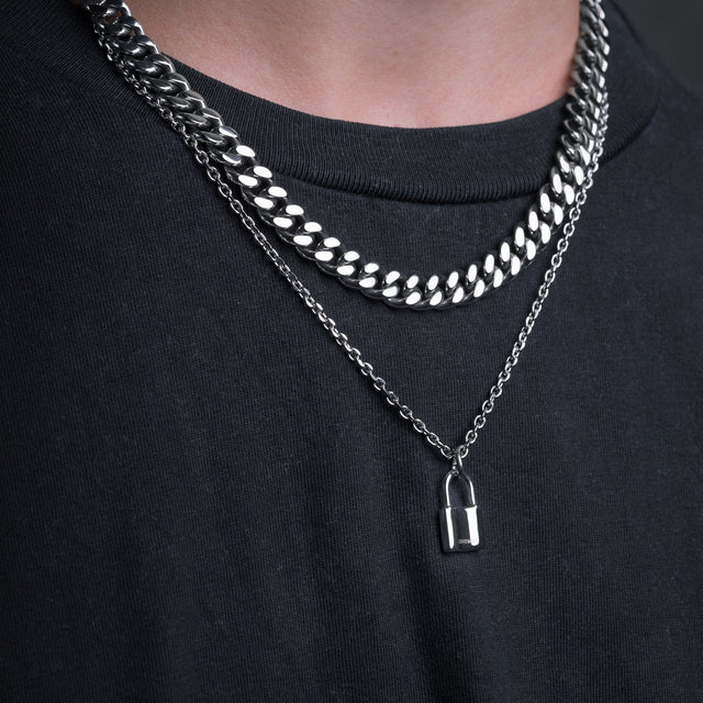 Statement Mini Padlock Pendant 3mm Cable Chain Necklace Silver