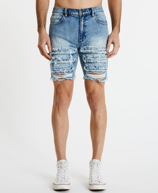 model wears Blade Runner Raw Hem Shorts Destroyed Blue Shorts Blue - image 2