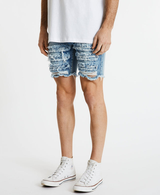 model wears Blade Runner Raw Hem Shorts Destroyed Blue Shorts Blue - image 5