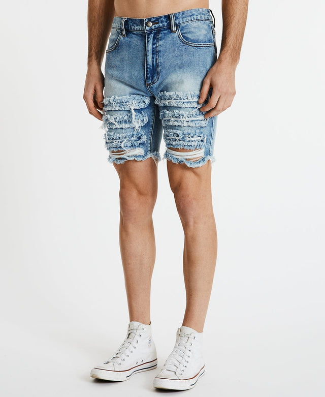 model wears Blade Runner Raw Hem Shorts Destroyed Blue Shorts Blue - image 4