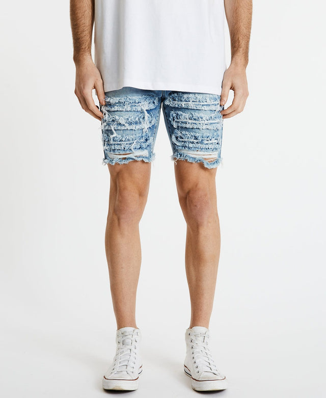 model wears Blade Runner Raw Hem Shorts Destroyed Blue Shorts Blue - image 1