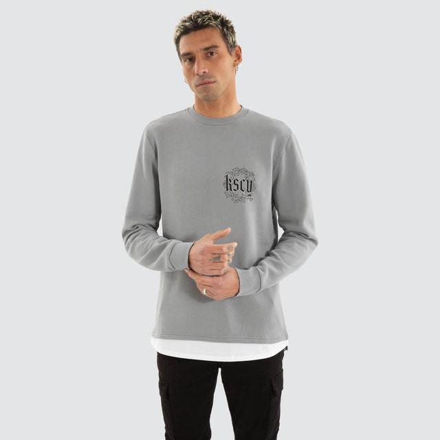 model wears Weary Layered Sweater Pigment Ultimate Grey Jumpers Grey - image 3