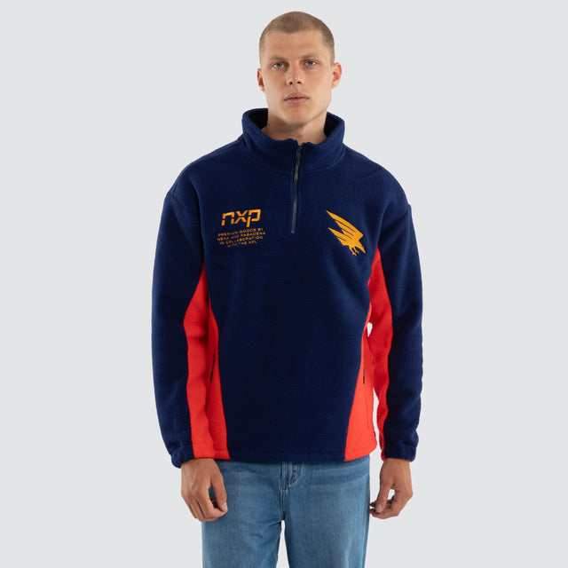 Model wears Adelaide Crows AFL Defence Pullover Navy/Red Jumpers Navy – image 2