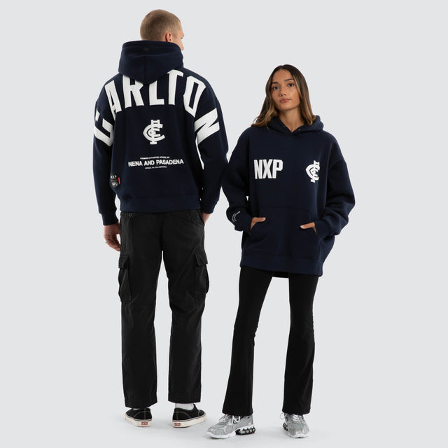 Model wears Carlton Blues AFL Top Tier Hoodie Navy Hoodies Navy – image 3