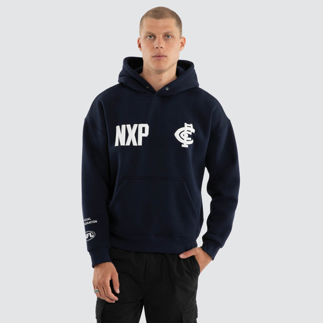 Model wears Carlton Blues AFL Top Tier Hoodie Navy Hoodies Navy – image 2