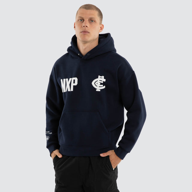 Model wears Carlton Blues AFL Top Tier Hoodie Navy Hoodies Navy – image 4