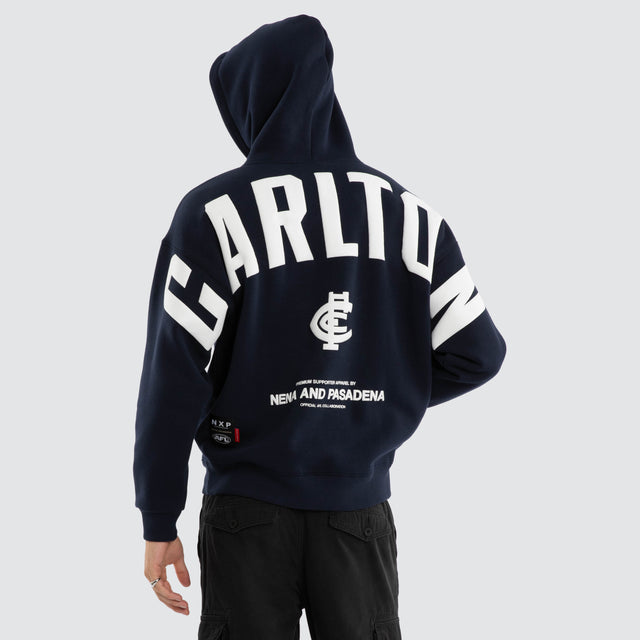 Model wears Carlton Blues AFL Top Tier Hoodie Navy Hoodies Navy – image 5