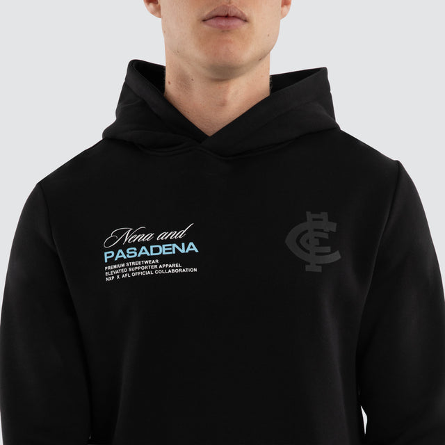 Model wears Carlton Blues AFL Recovery Hoodie Jet Black Hoodies Black – image 4