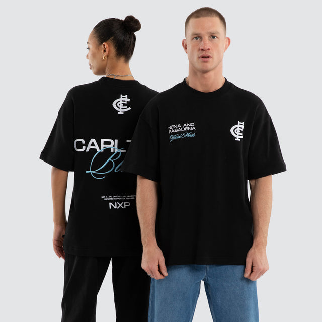 Model wears Carlton Blues AFL Advance Raptor Tee Jet Black T-Shirts Black – image 1