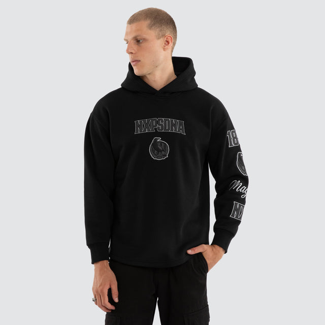 Model wears Collingwood Magpies AFL Simulation Hoodie Jet Black Hoodies Black – image 2