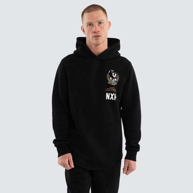 Model wears Collingwood Magpies AFL Trophy Dual Curved Hoodie Jet Black Hoodies Black – image 4