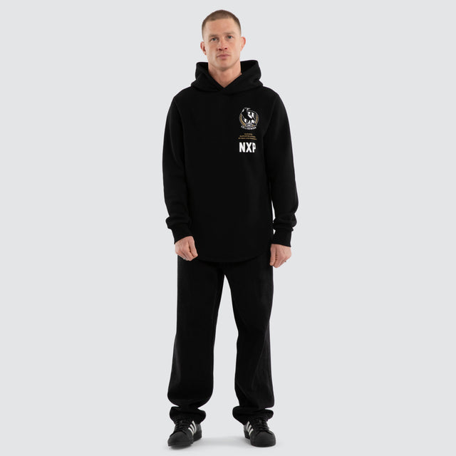 Model wears Collingwood Magpies AFL Trophy Dual Curved Hoodie Jet Black Hoodies Black – image 2