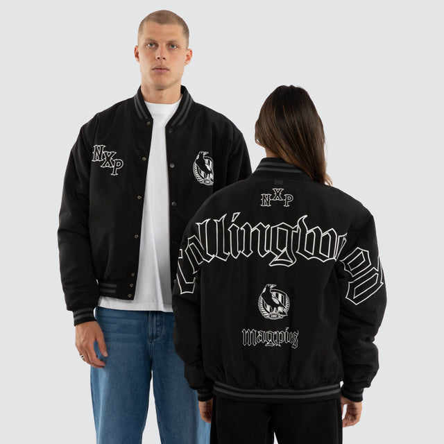 Model wears Collingwood Magpies AFL Retro Bomber Jet Black Jackets Black – image 1
