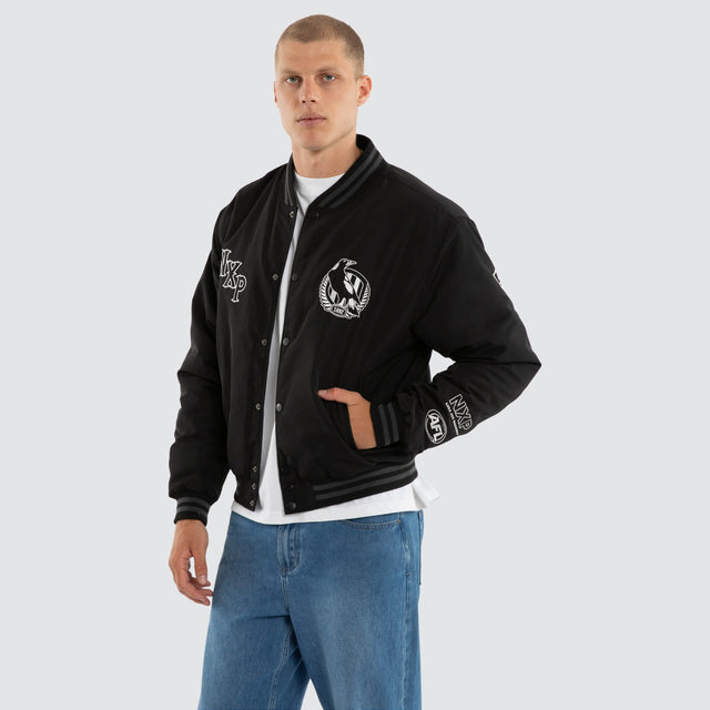 Model wears Collingwood Magpies AFL Retro Bomber Jet Black Jackets Black – image 4