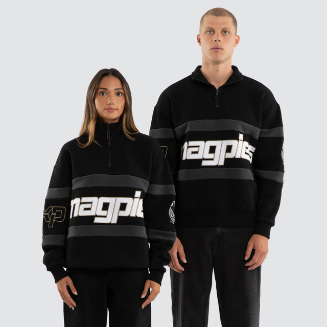 Model wears Collingwood Magpies AFL Allied Pullover Jet Black Jumpers Black – image 1