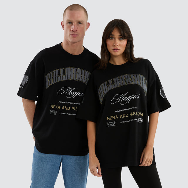 model wears Collingwood Magpies AFL Game-On Loopback Tee Jet Black T-Shirts Black - image 1