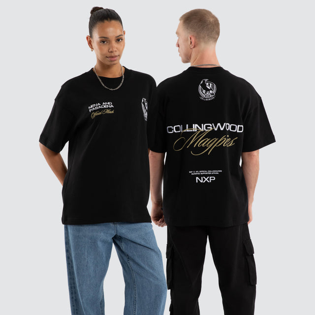Model wears Collingwood Magpies AFL Advance Raptor Tee Jet Black T-Shirts Black – image 1