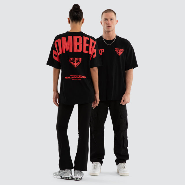 Model wears Essendon Bombers AFL Archive Raptor Tee Jet Black T-Shirts Black – image 4