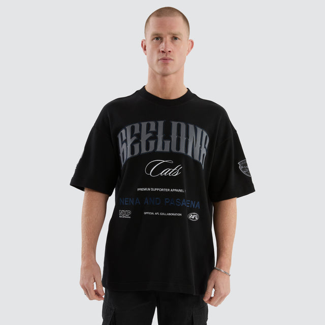 model wears Geelong Cats AFL Game-On Loopback Tee Jet Black T-Shirts Black - image 3