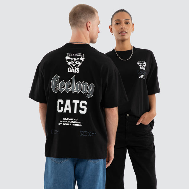Model wears Geelong Cats AFL Sticker Raptor Tee Jet Black T-Shirts Black – image 1