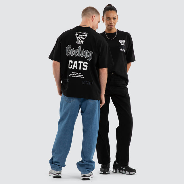 Model wears Geelong Cats AFL Sticker Raptor Tee Jet Black T-Shirts Black – image 3