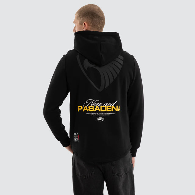 Model wears Hawthorn Hawks AFL Recovery Hoodie Jet Black Hoodies Black – image 1