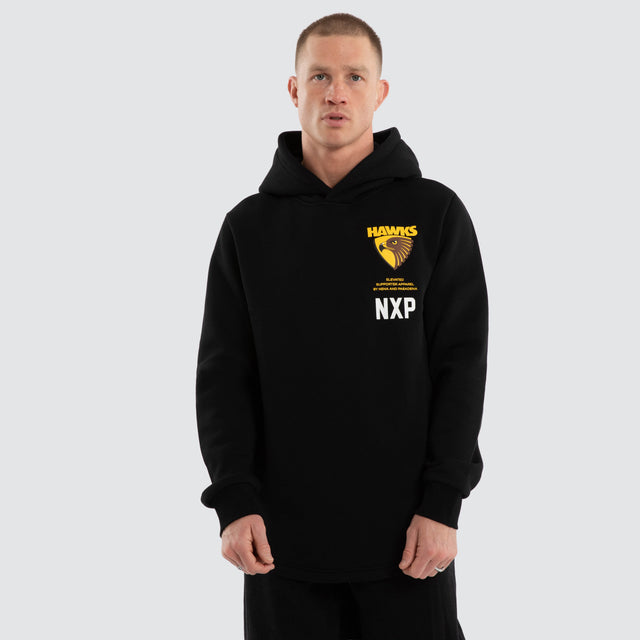Model wears Hawthorn Hawks AFL Trophy Dual Curved Hoodie Jet Black Hoodies Black – image 3