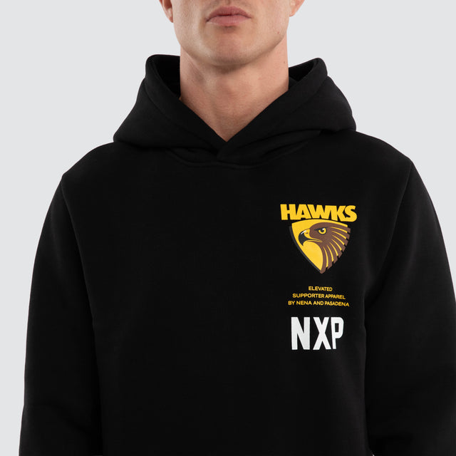 Model wears Hawthorn Hawks AFL Trophy Dual Curved Hoodie Jet Black Hoodies Black – image 5