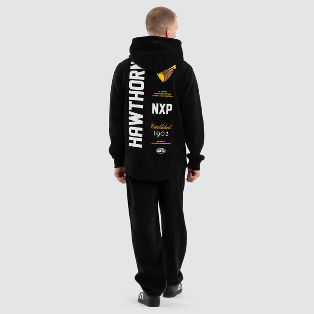 Model wears Hawthorn Hawks AFL Trophy Dual Curved Hoodie Jet Black Hoodies Black – image 4